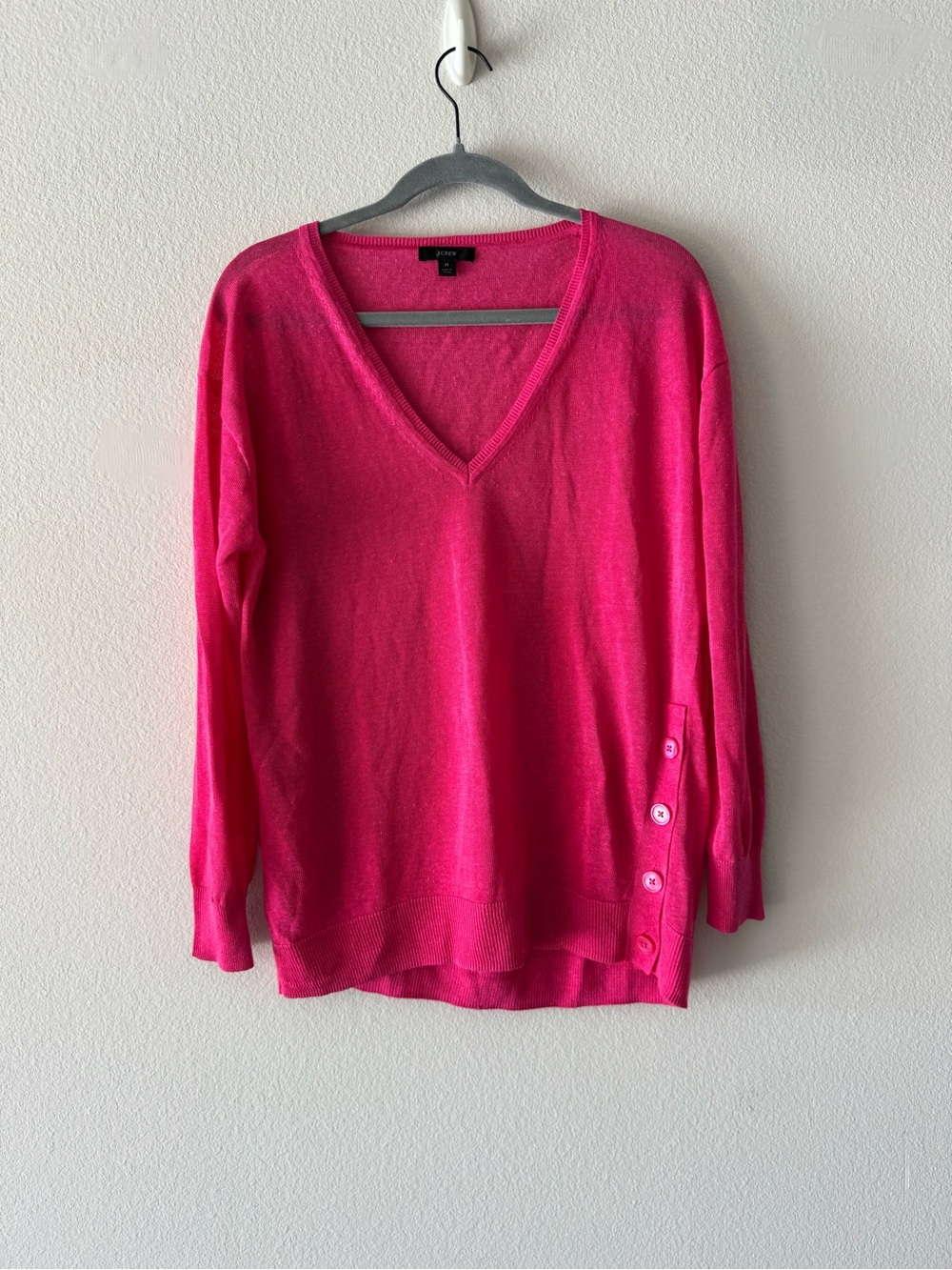 Express Women's Hot Pink V-Neck Sweater with Side Button Detail